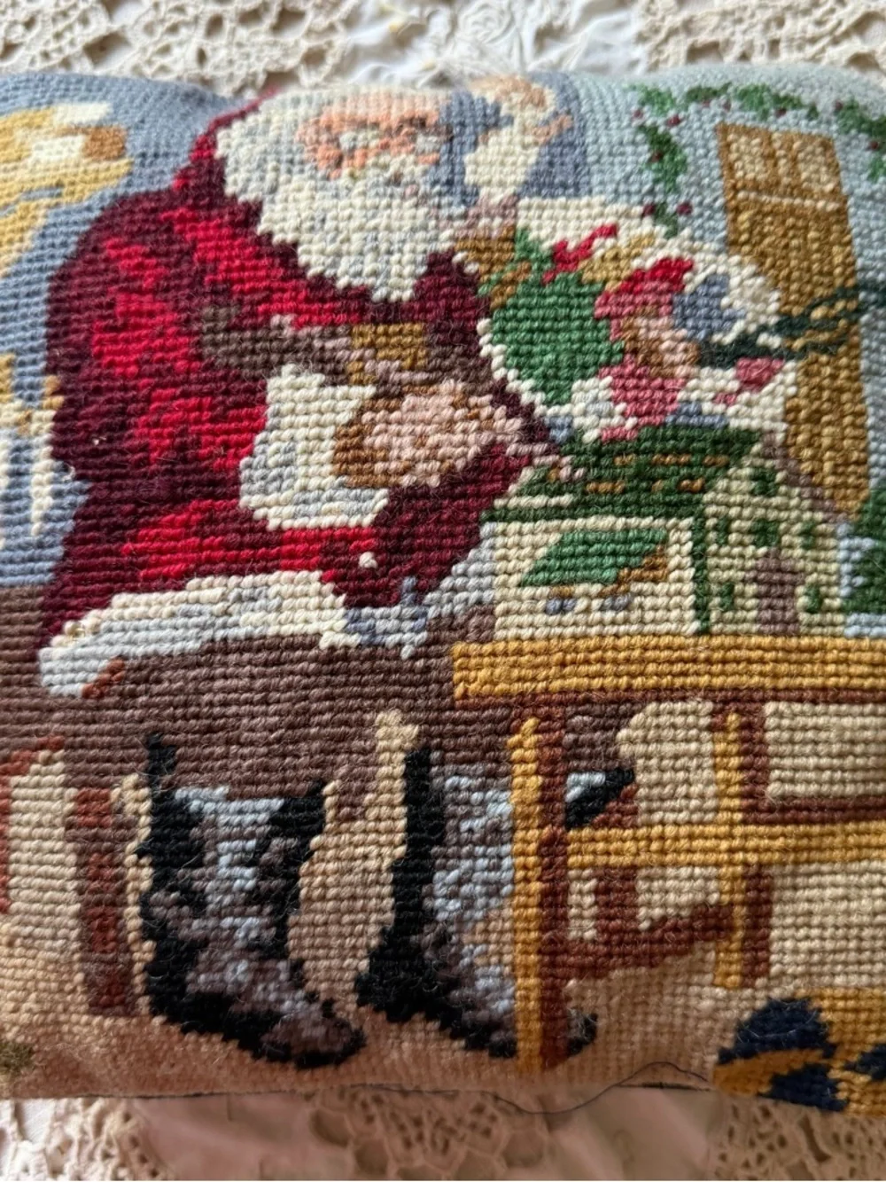 Vintage Needlepoint Santa Pillow Christmas Cushion 9.5” Blue Velvet